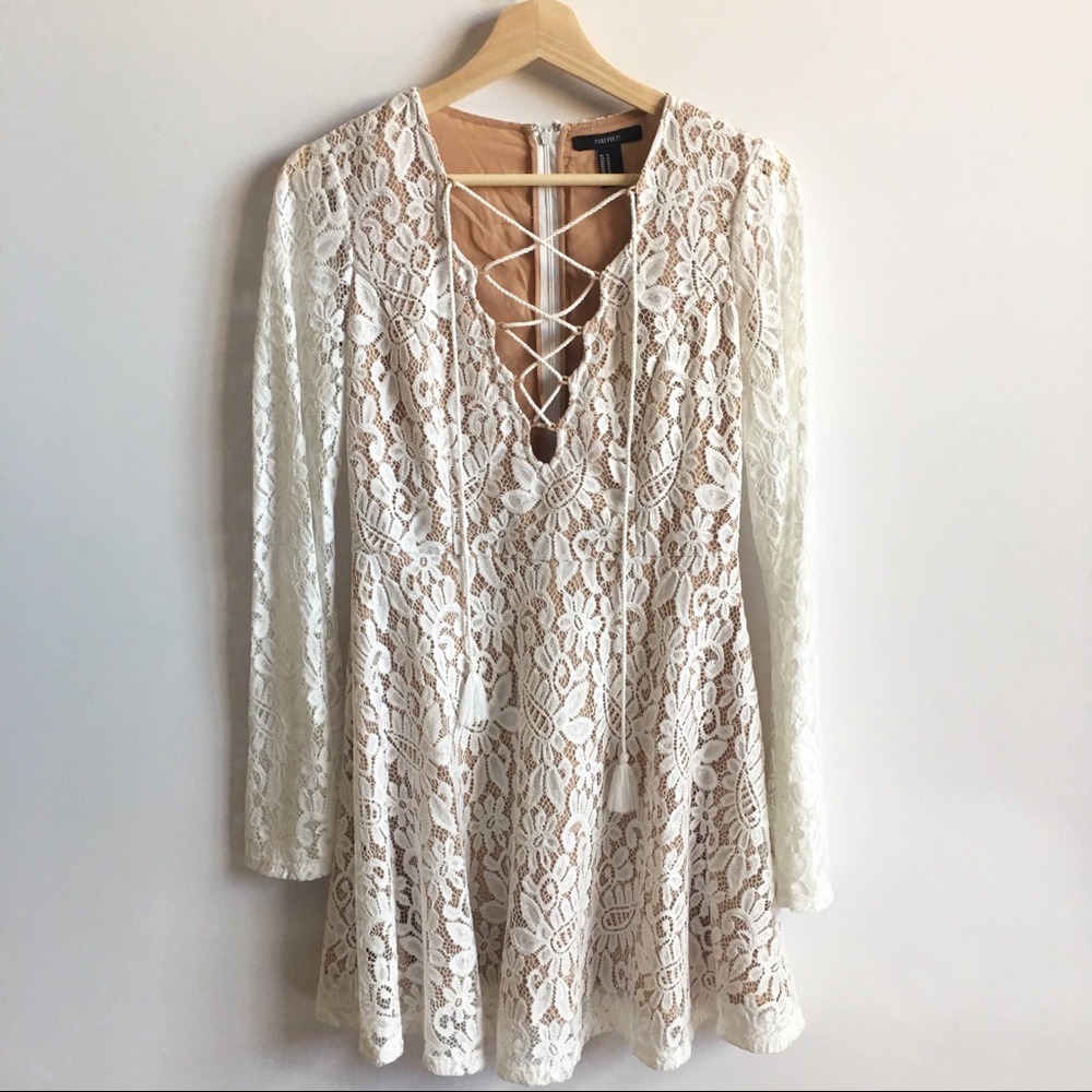 Forever 21 White Lace Long Sleeve Mini Flare Dress
